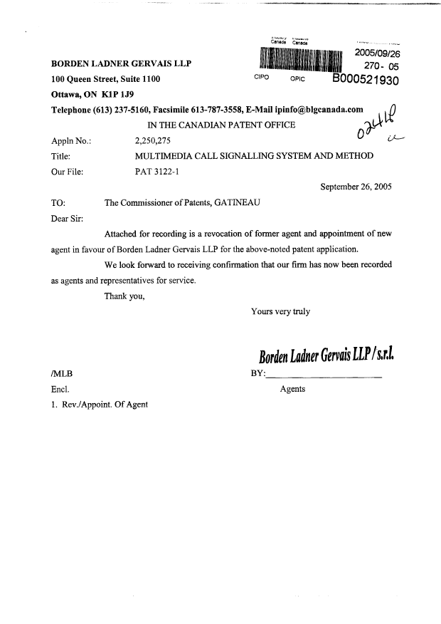 Document de brevet canadien 2250275. Correspondance 20041226. Image 1 de 2