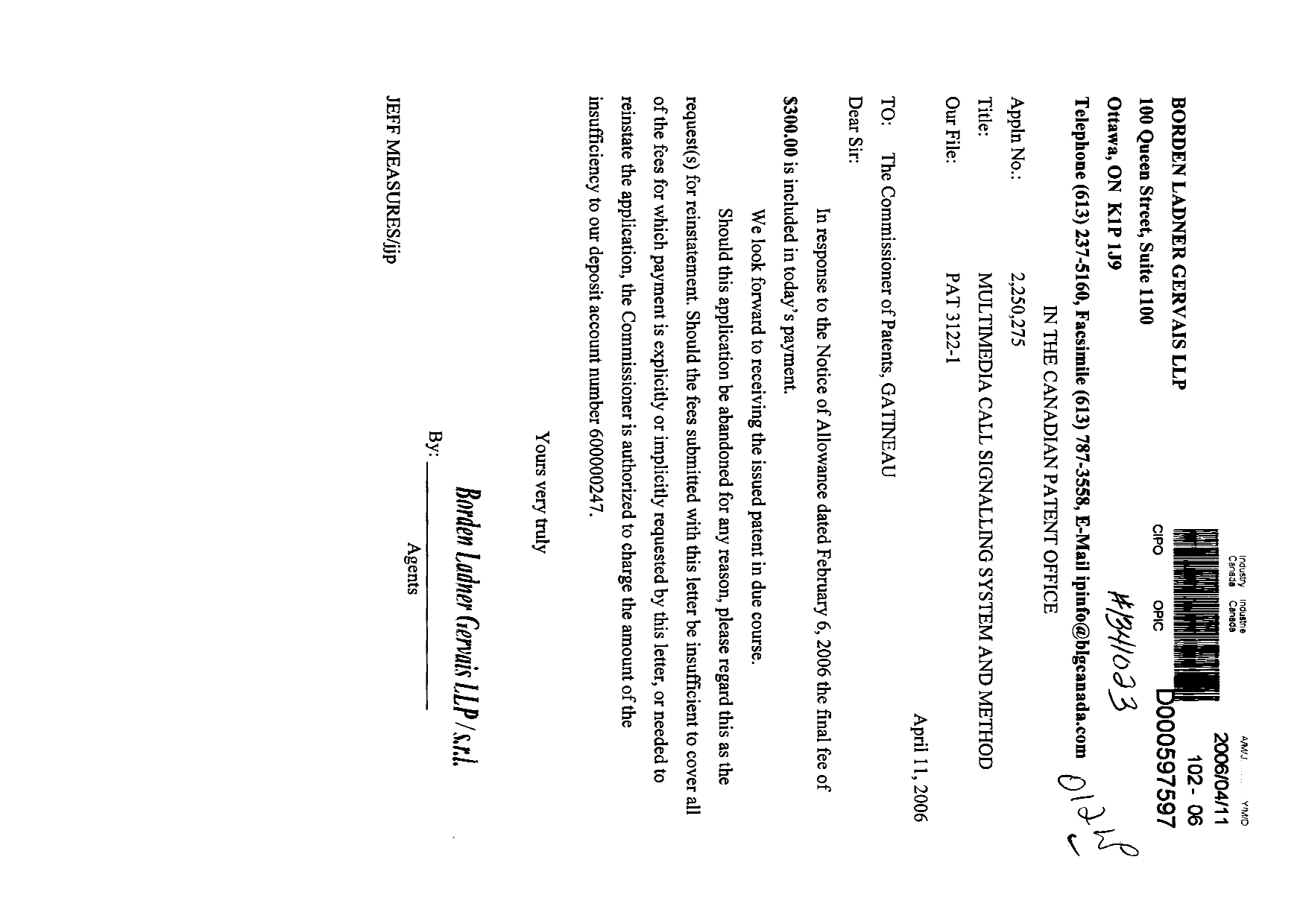 Document de brevet canadien 2250275. Correspondance 20051211. Image 1 de 1