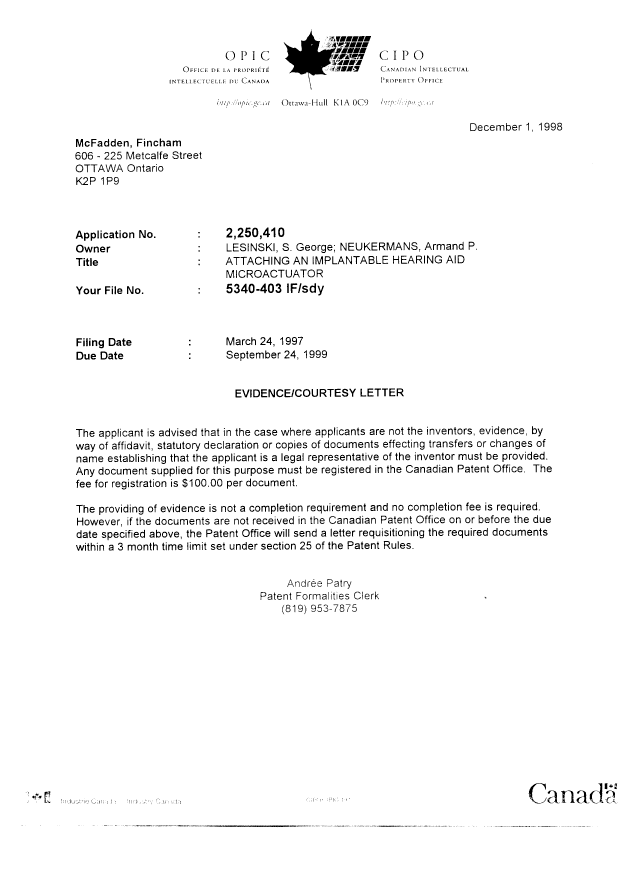 Canadian Patent Document 2250410. Correspondence 19971201. Image 1 of 1