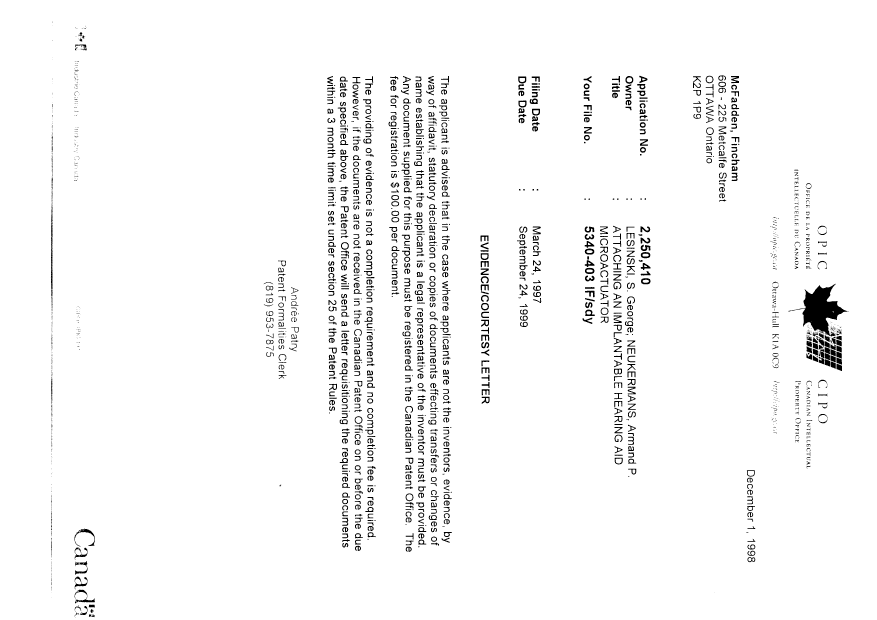 Document de brevet canadien 2250410. Correspondance 19971201. Image 1 de 1