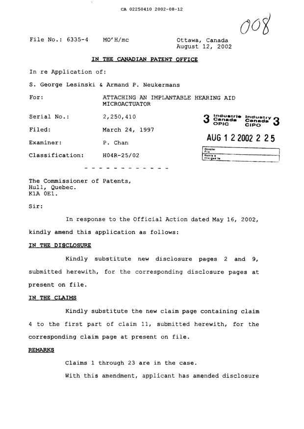 Canadian Patent Document 2250410. Prosecution-Amendment 20011212. Image 1 of 5