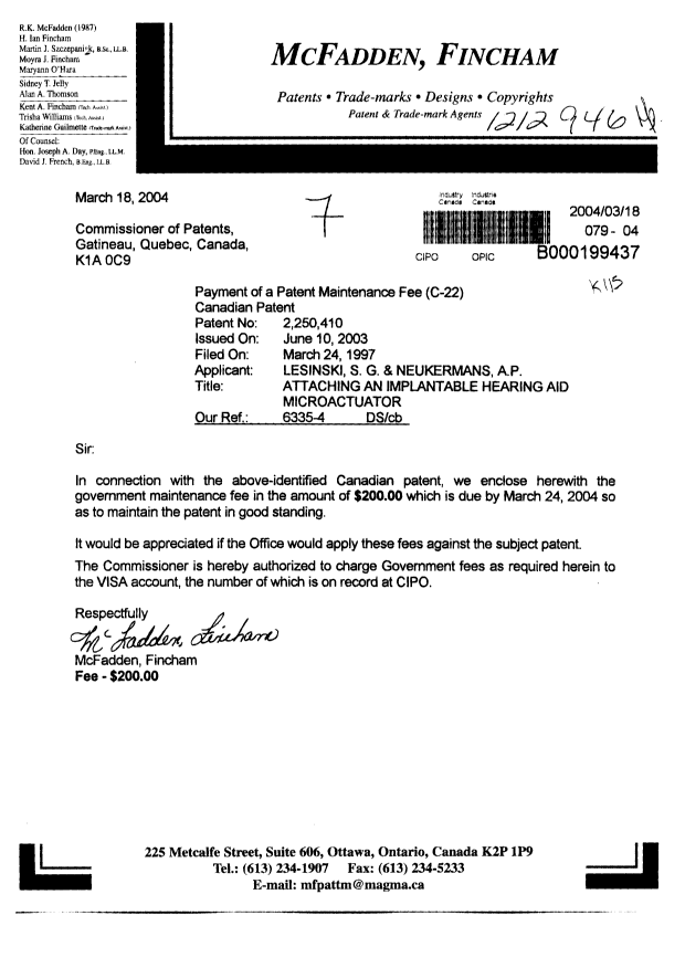 Canadian Patent Document 2250410. Fees 20031218. Image 1 of 1