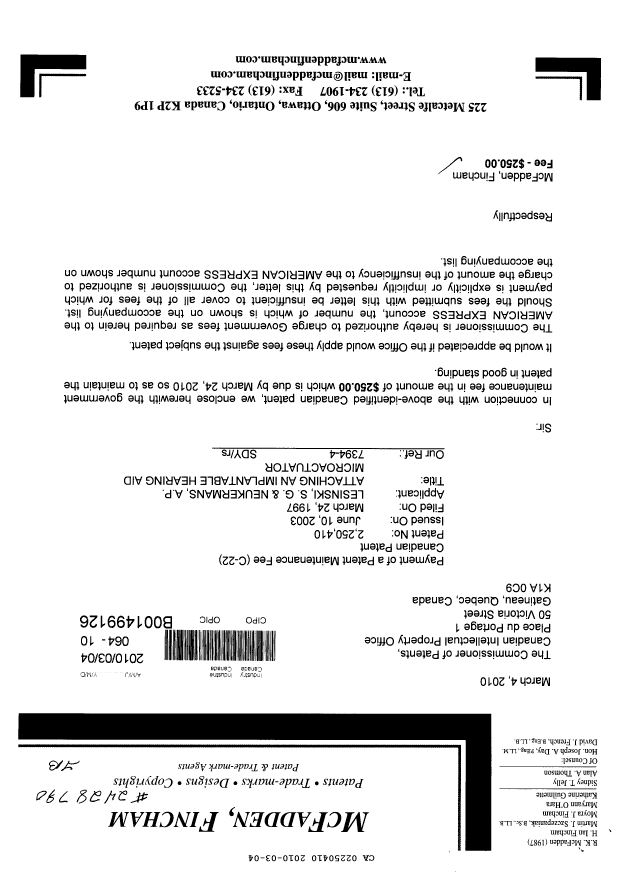 Canadian Patent Document 2250410. Fees 20091204. Image 1 of 1