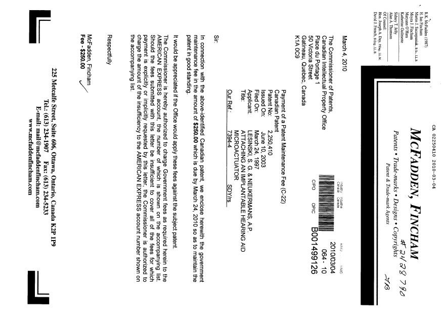 Document de brevet canadien 2250410. Taxes 20091204. Image 1 de 1