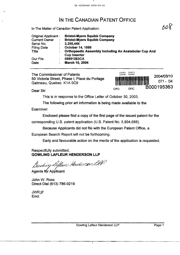 Canadian Patent Document 2250446. Prosecution-Amendment 20040310. Image 1 of 1