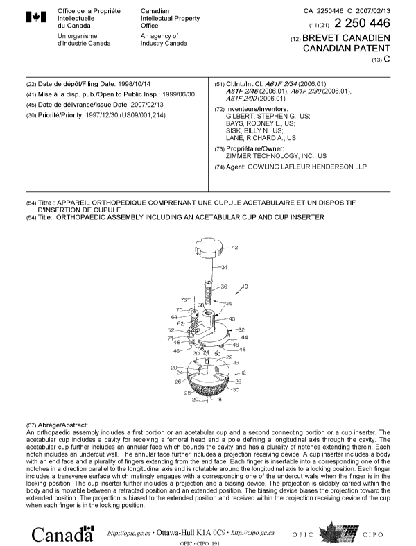 Canadian Patent Document 2250446. Cover Page 20070118. Image 1 of 1