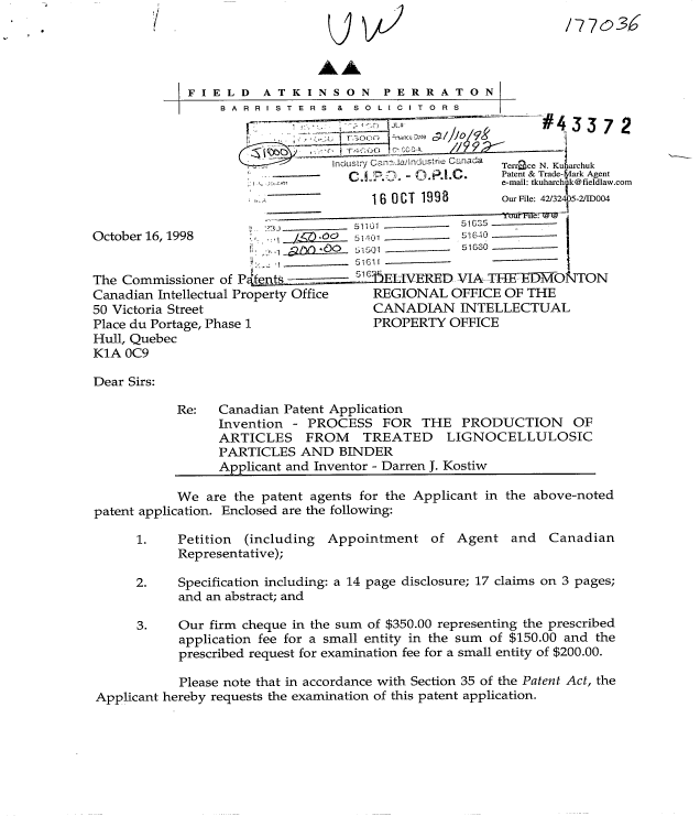 Document de brevet canadien 2250645. Cession 19981016. Image 1 de 4