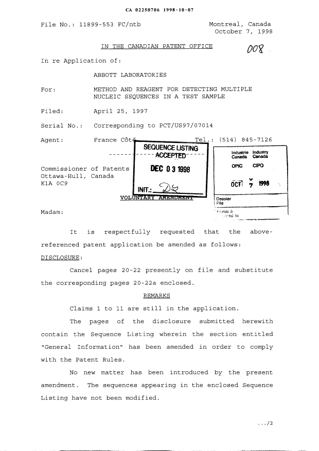 Canadian Patent Document 2250706. Prosecution-Amendment 19981007. Image 1 of 7