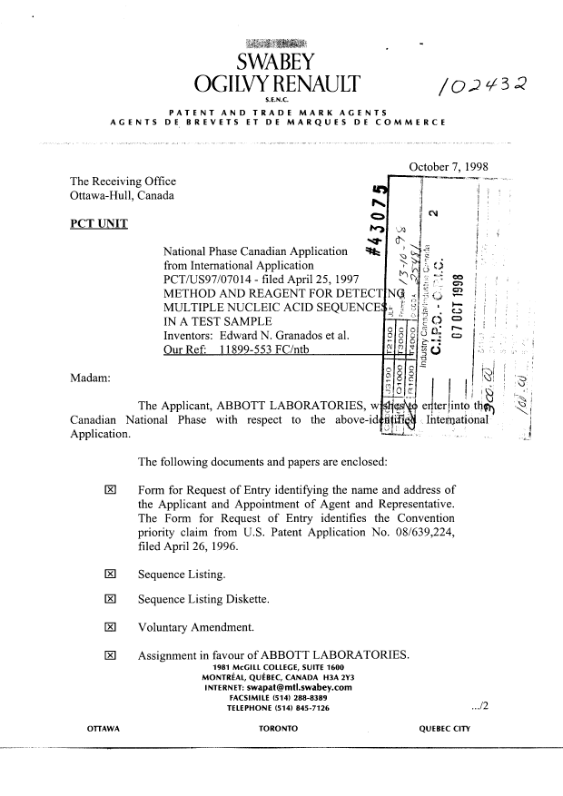 Canadian Patent Document 2250706. Assignment 19981007. Image 1 of 7