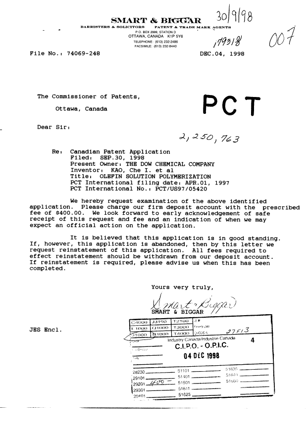 Canadian Patent Document 2250763. Prosecution-Amendment 19971204. Image 1 of 1
