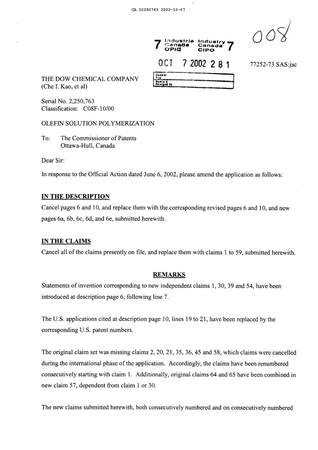 Canadian Patent Document 2250763. Prosecution-Amendment 20011207. Image 1 of 34