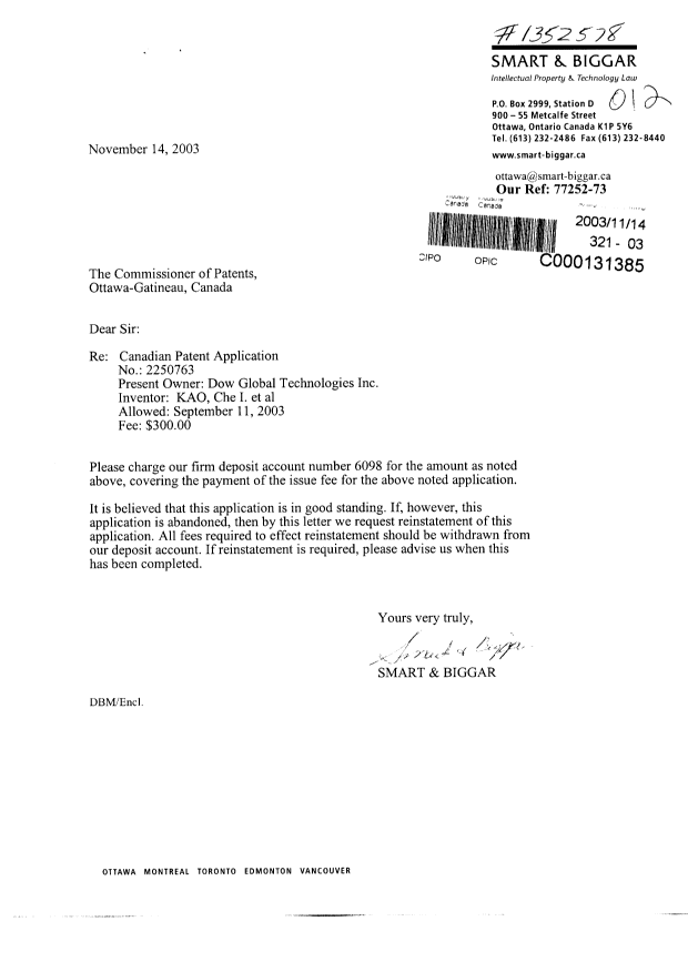 Canadian Patent Document 2250763. Correspondence 20021214. Image 1 of 1