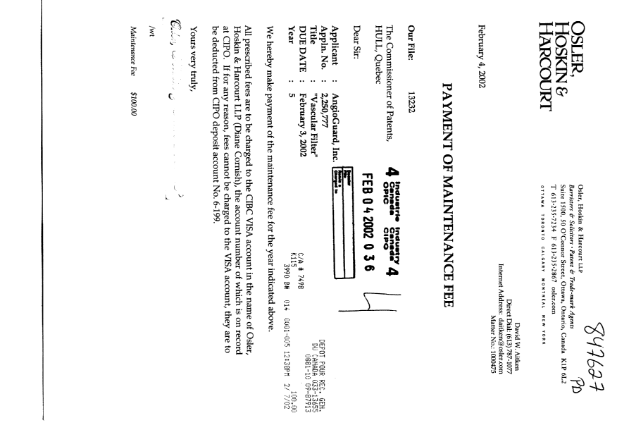 Canadian Patent Document 2250777. Fees 20020204. Image 1 of 1