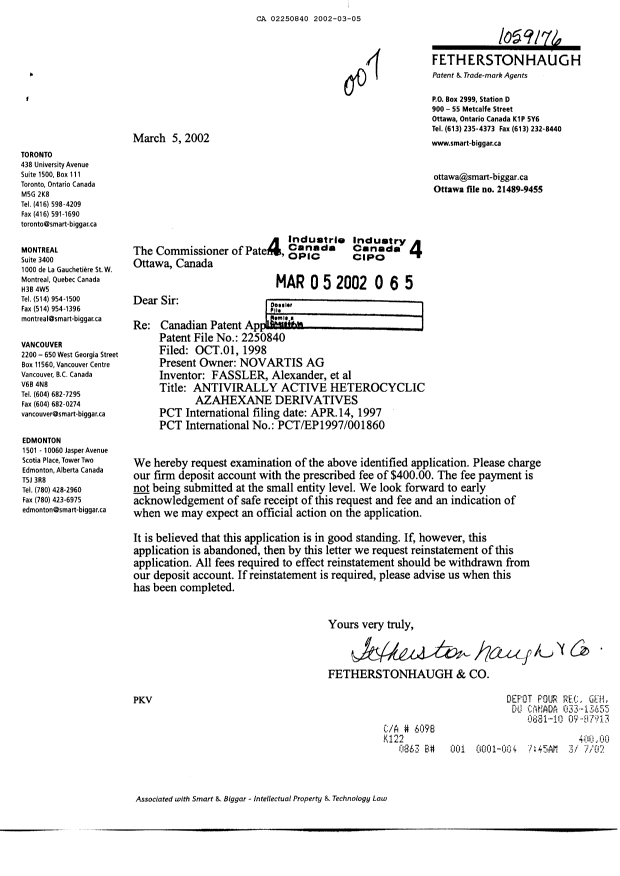 Canadian Patent Document 2250840. Prosecution-Amendment 20011205. Image 1 of 1