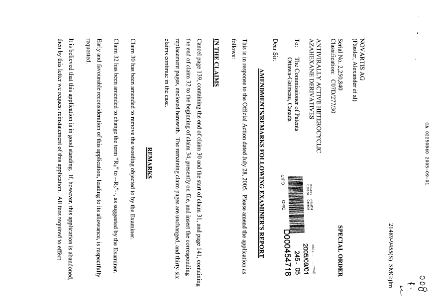 Document de brevet canadien 2250840. Poursuite-Amendment 20041201. Image 1 de 4