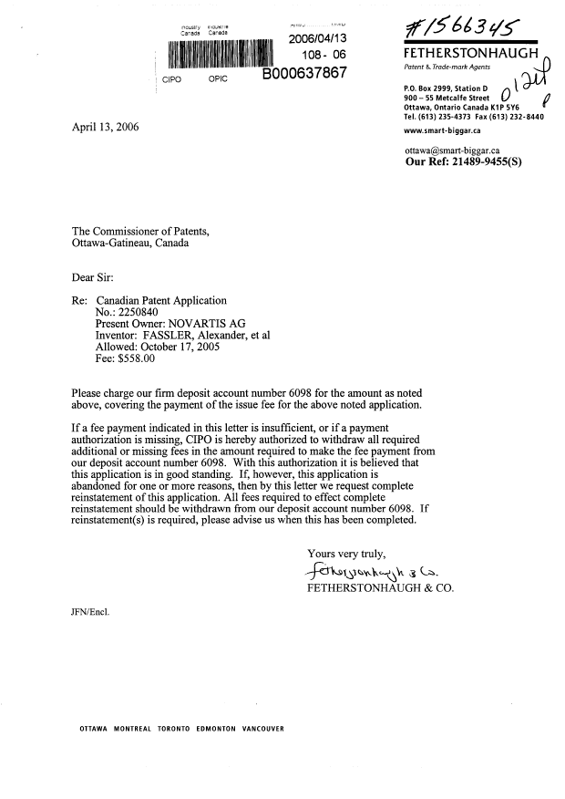 Document de brevet canadien 2250840. Correspondance 20051213. Image 1 de 1