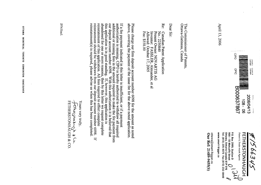 Canadian Patent Document 2250840. Correspondence 20051213. Image 1 of 1