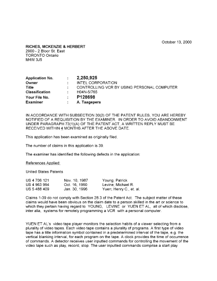 Document de brevet canadien 2250925. Poursuite-Amendment 20001013. Image 1 de 2