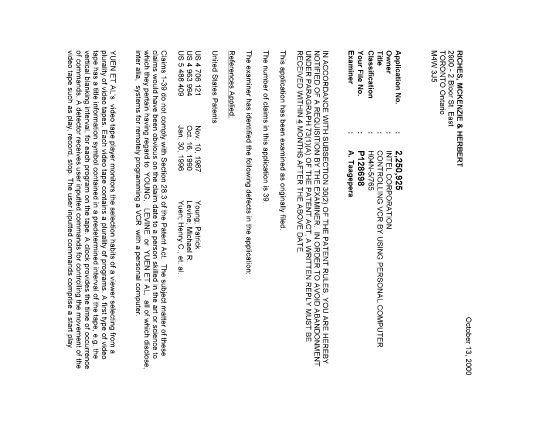 Canadian Patent Document 2250925. Prosecution-Amendment 20001013. Image 1 of 2
