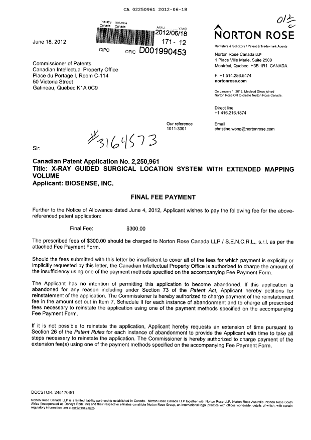 Canadian Patent Document 2250961. Correspondence 20120618. Image 1 of 2