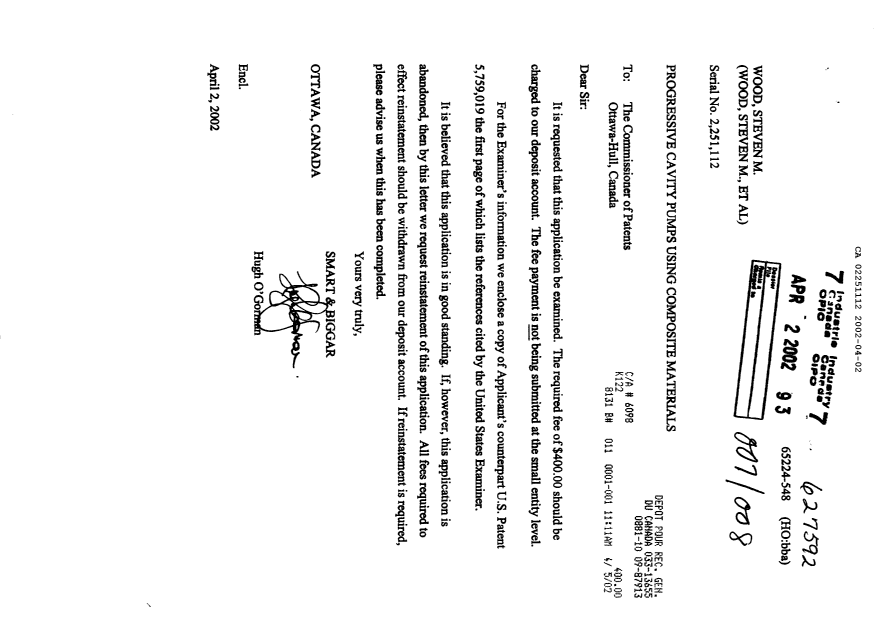 Canadian Patent Document 2251112. Prosecution-Amendment 20020402. Image 1 of 1