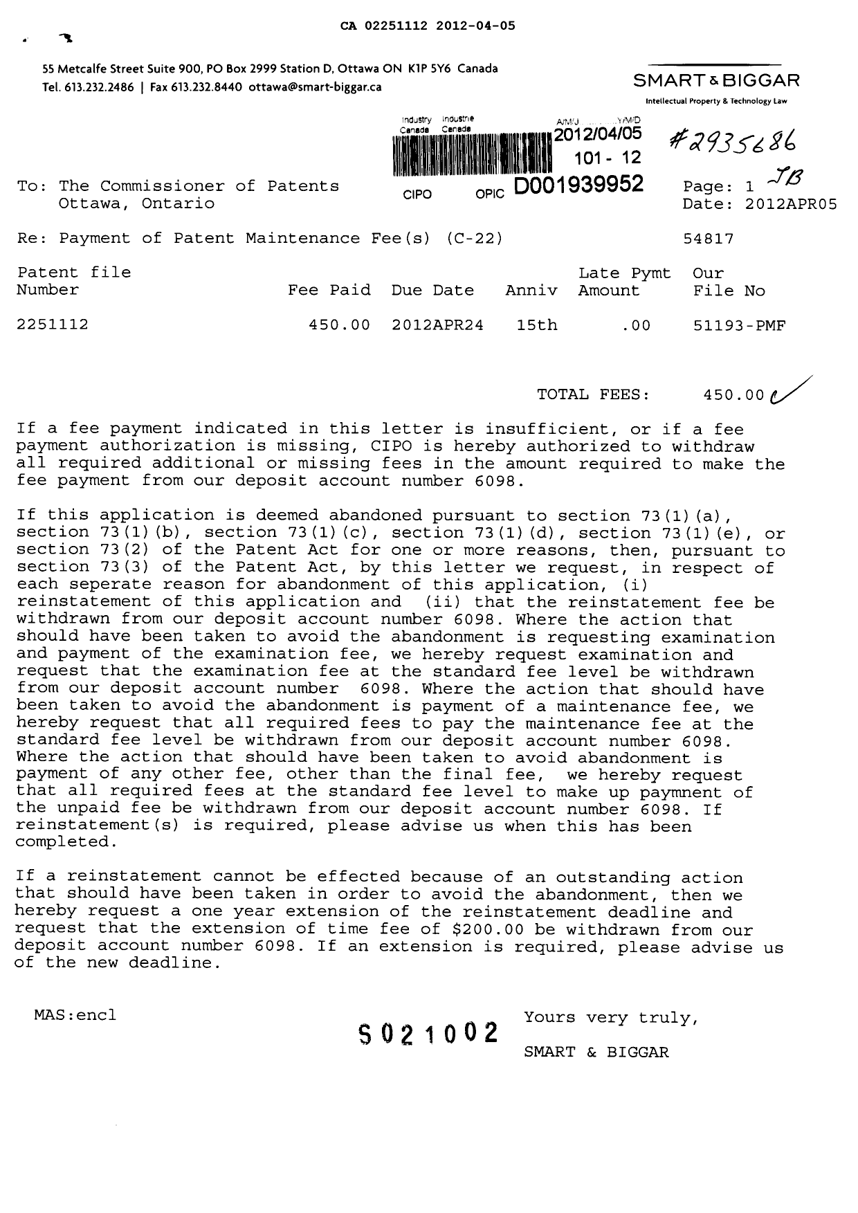 Document de brevet canadien 2251112. Taxes 20120405. Image 1 de 1
