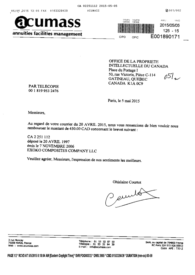 Canadian Patent Document 2251112. Correspondence 20150505. Image 1 of 2