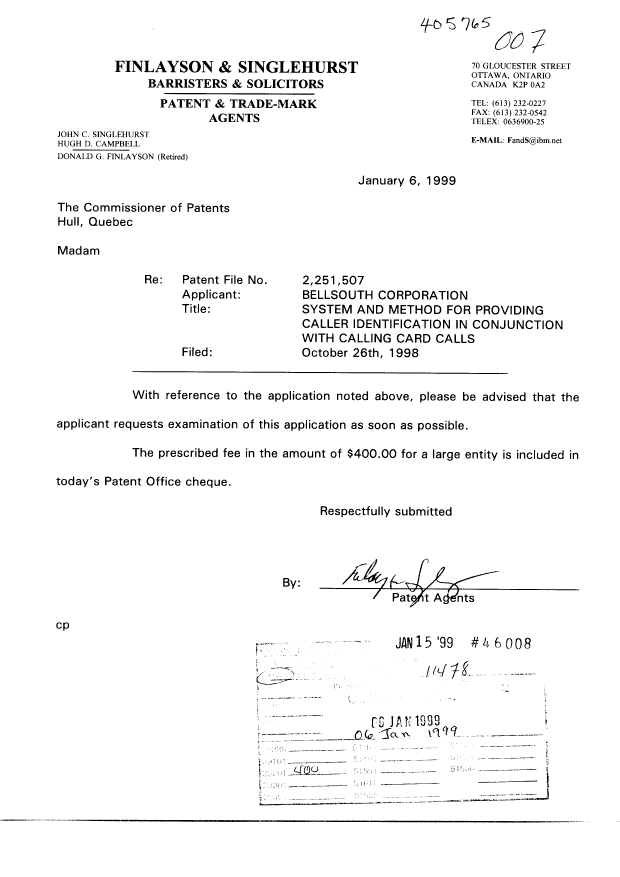 Canadian Patent Document 2251507. Prosecution-Amendment 19990106. Image 1 of 1