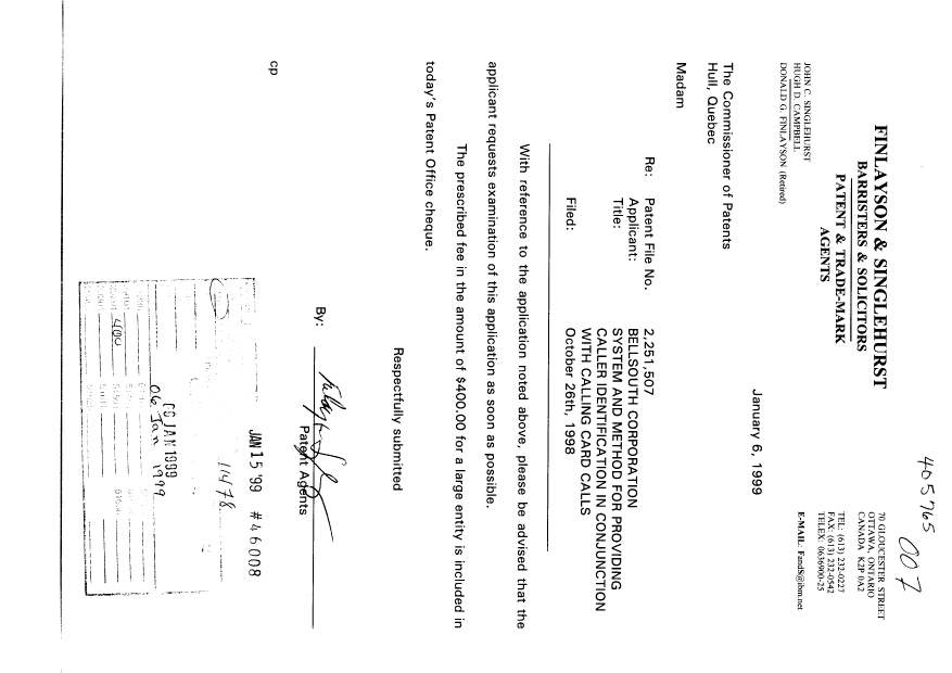 Canadian Patent Document 2251507. Prosecution-Amendment 19990106. Image 1 of 1