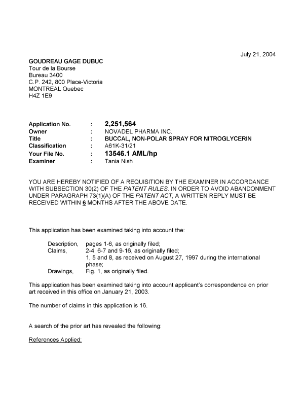 Document de brevet canadien 2251564. Poursuite-Amendment 20040721. Image 1 de 3