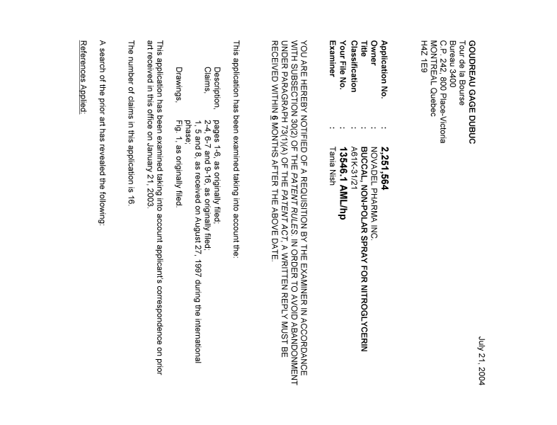 Canadian Patent Document 2251564. Prosecution-Amendment 20040721. Image 1 of 3