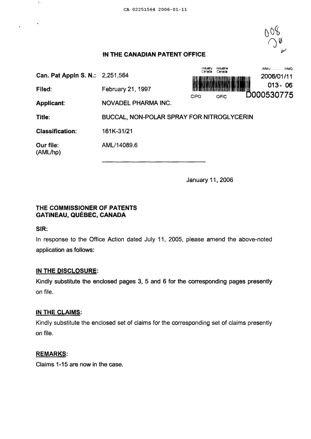 Canadian Patent Document 2251564. Prosecution-Amendment 20060111. Image 1 of 7