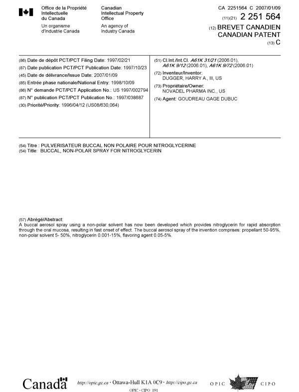 Document de brevet canadien 2251564. Page couverture 20061222. Image 1 de 1