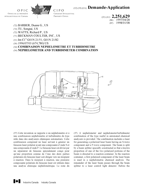 Canadian Patent Document 2251629. Cover Page 19990108. Image 1 of 2