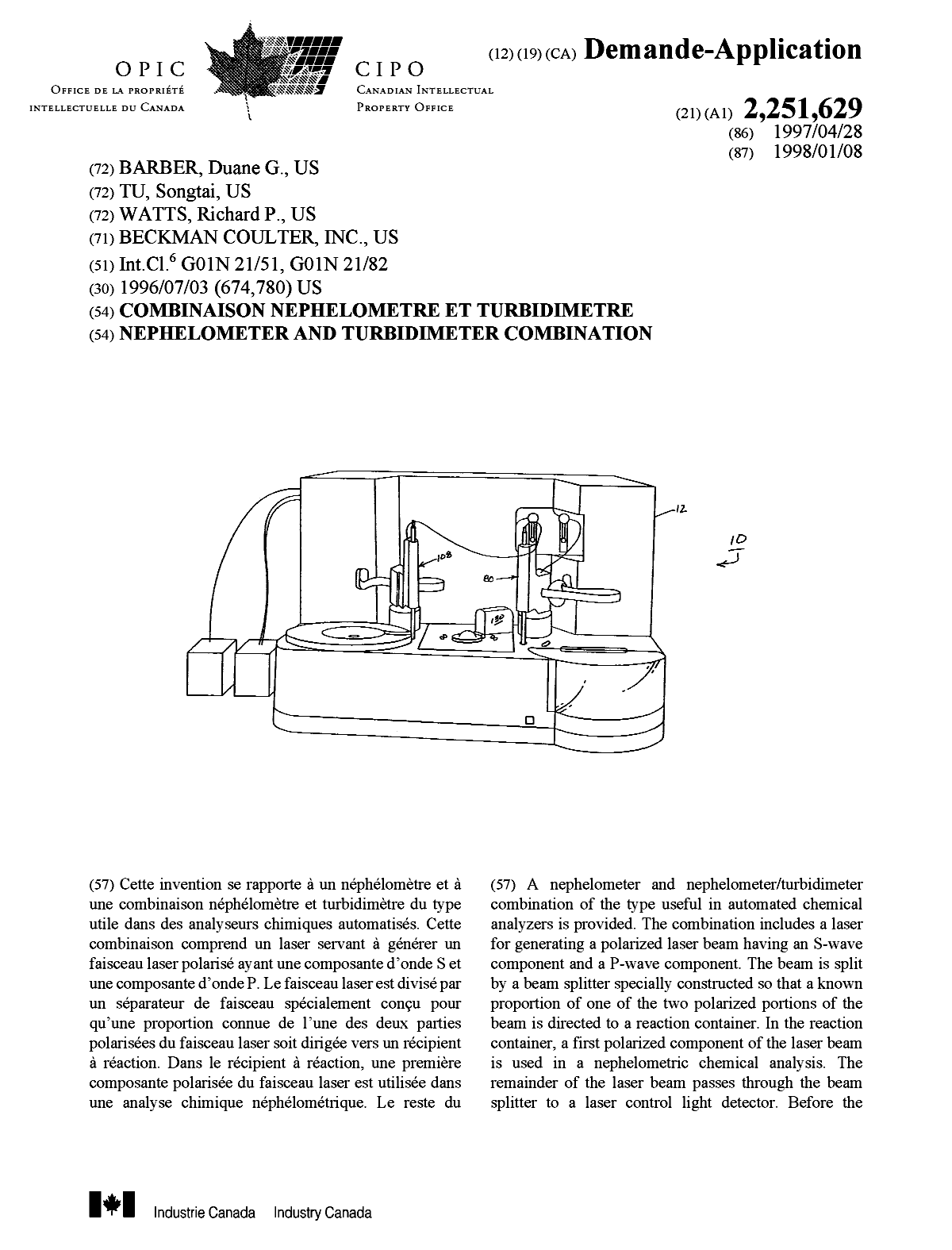 Canadian Patent Document 2251629. Cover Page 19990108. Image 1 of 2