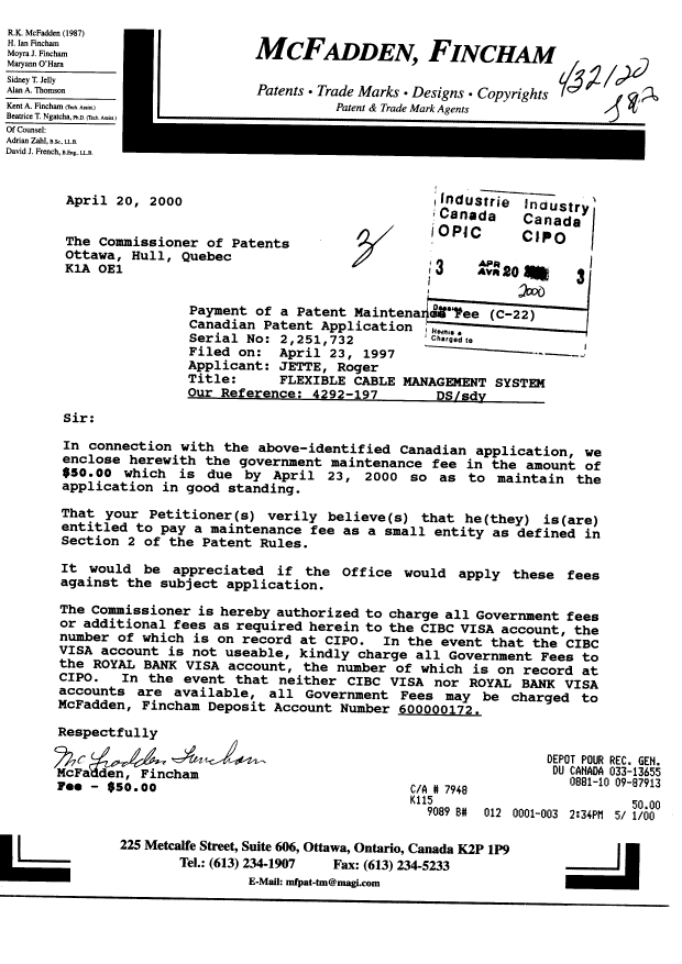 Canadian Patent Document 2251732. Fees 20000420. Image 1 of 1