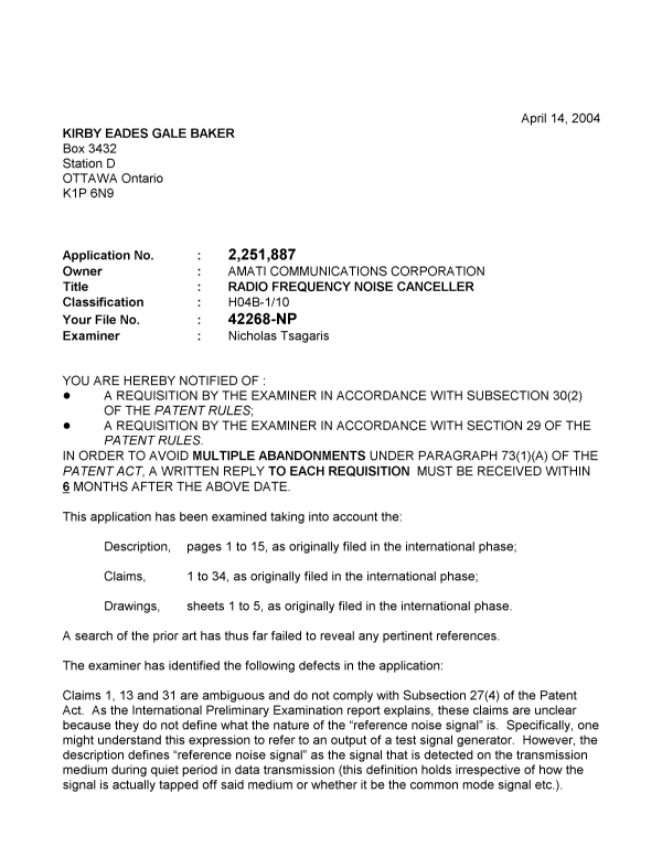 Canadian Patent Document 2251887. Prosecution-Amendment 20040414. Image 1 of 2