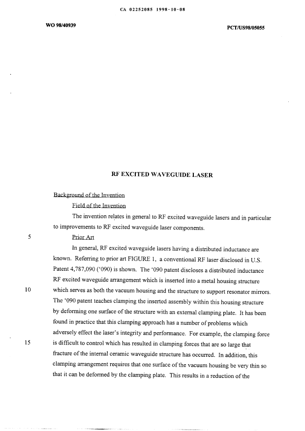 Canadian Patent Document 2252085. Description 19981008. Image 1 of 24