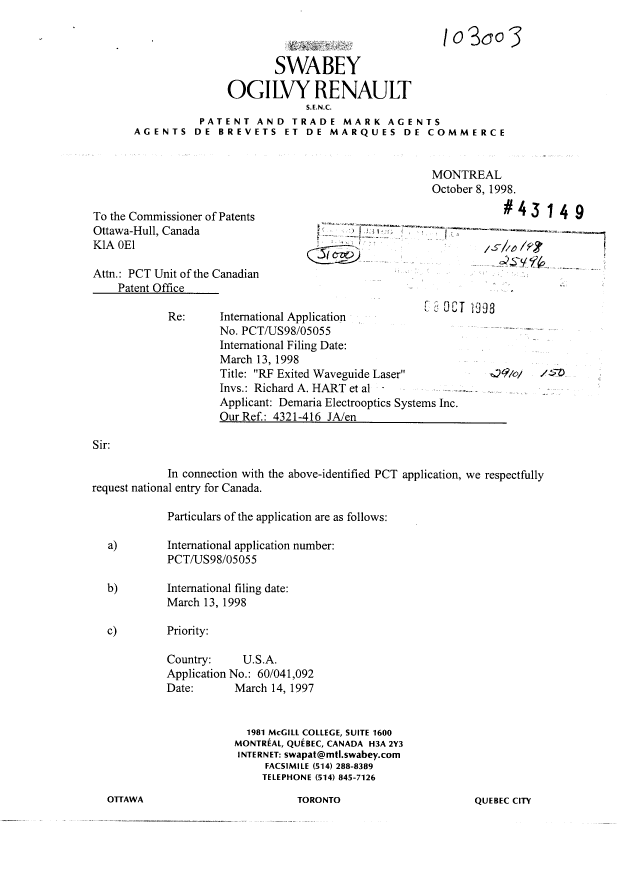 Document de brevet canadien 2252085. Cession 19981008. Image 1 de 4