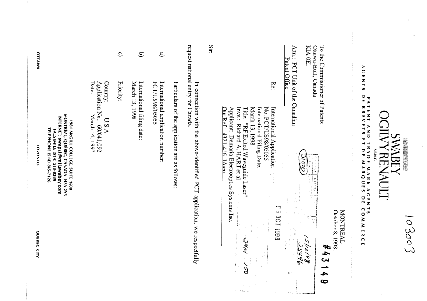 Document de brevet canadien 2252085. Cession 19981008. Image 1 de 4