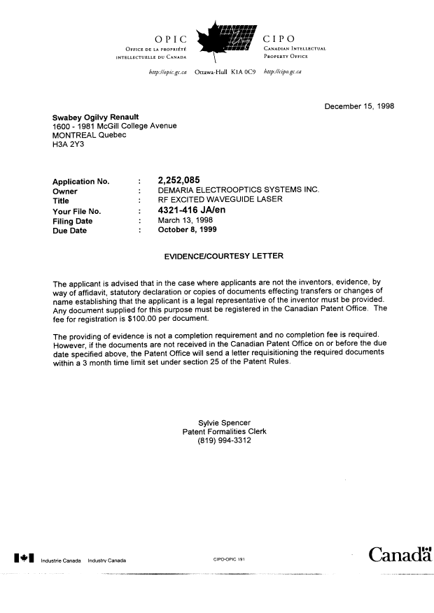 Document de brevet canadien 2252085. Correspondance 19981215. Image 1 de 1
