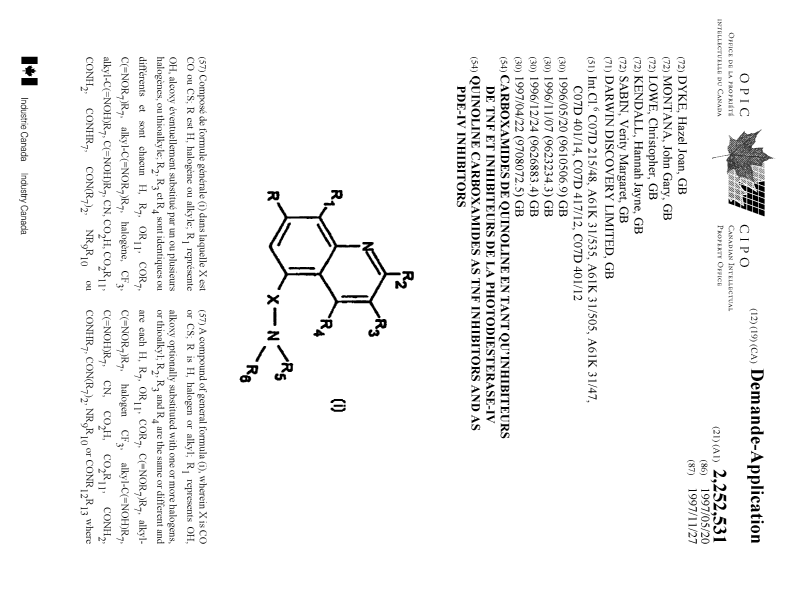 Document de brevet canadien 2252531. Page couverture 19981226. Image 1 de 2