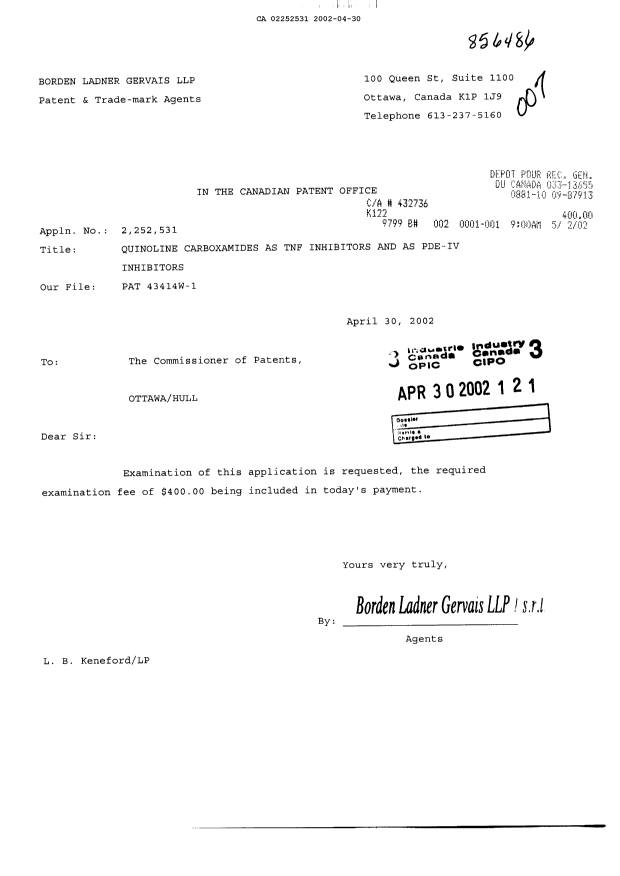 Canadian Patent Document 2252531. Prosecution-Amendment 20011230. Image 1 of 1