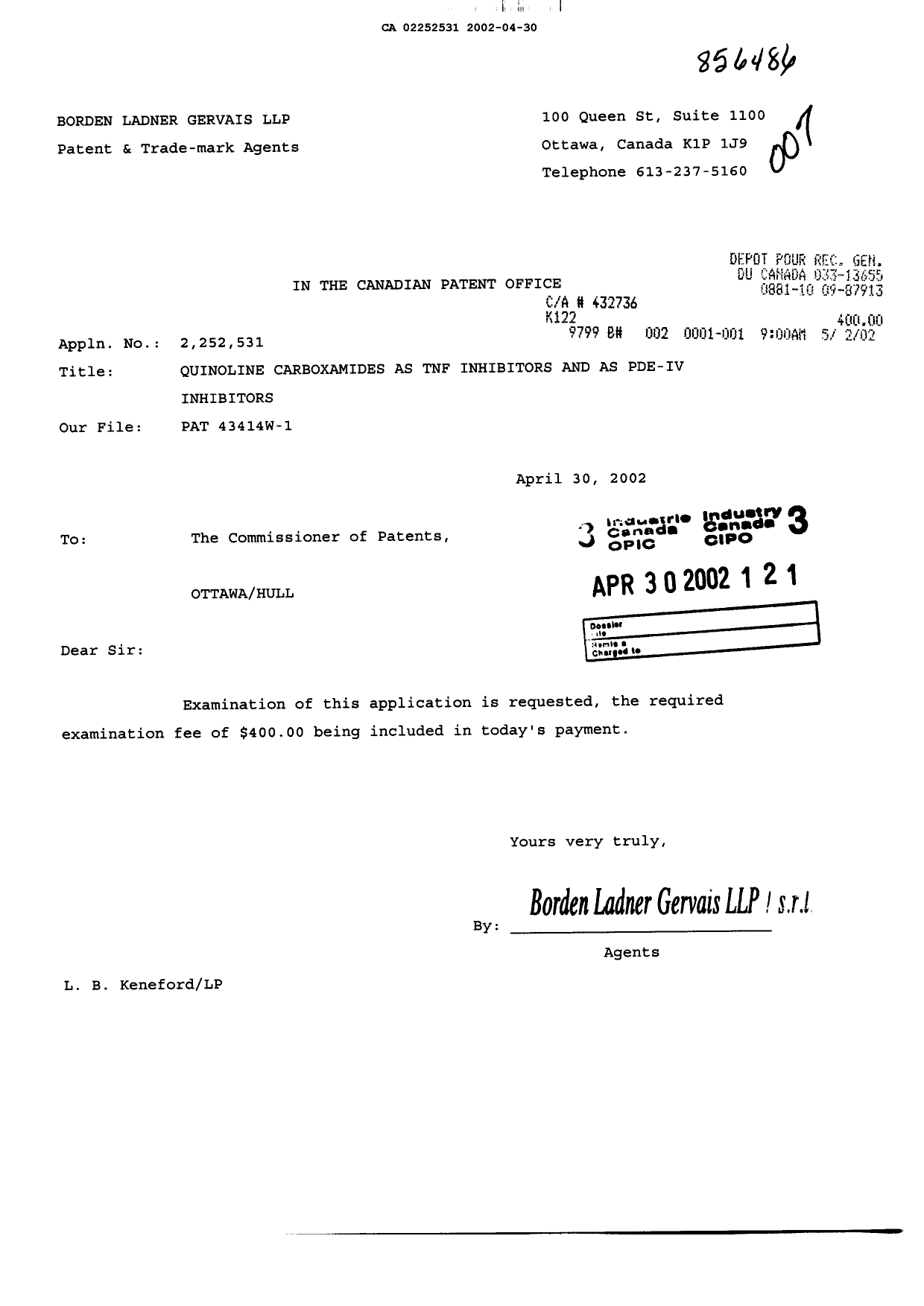 Document de brevet canadien 2252531. Poursuite-Amendment 20011230. Image 1 de 1
