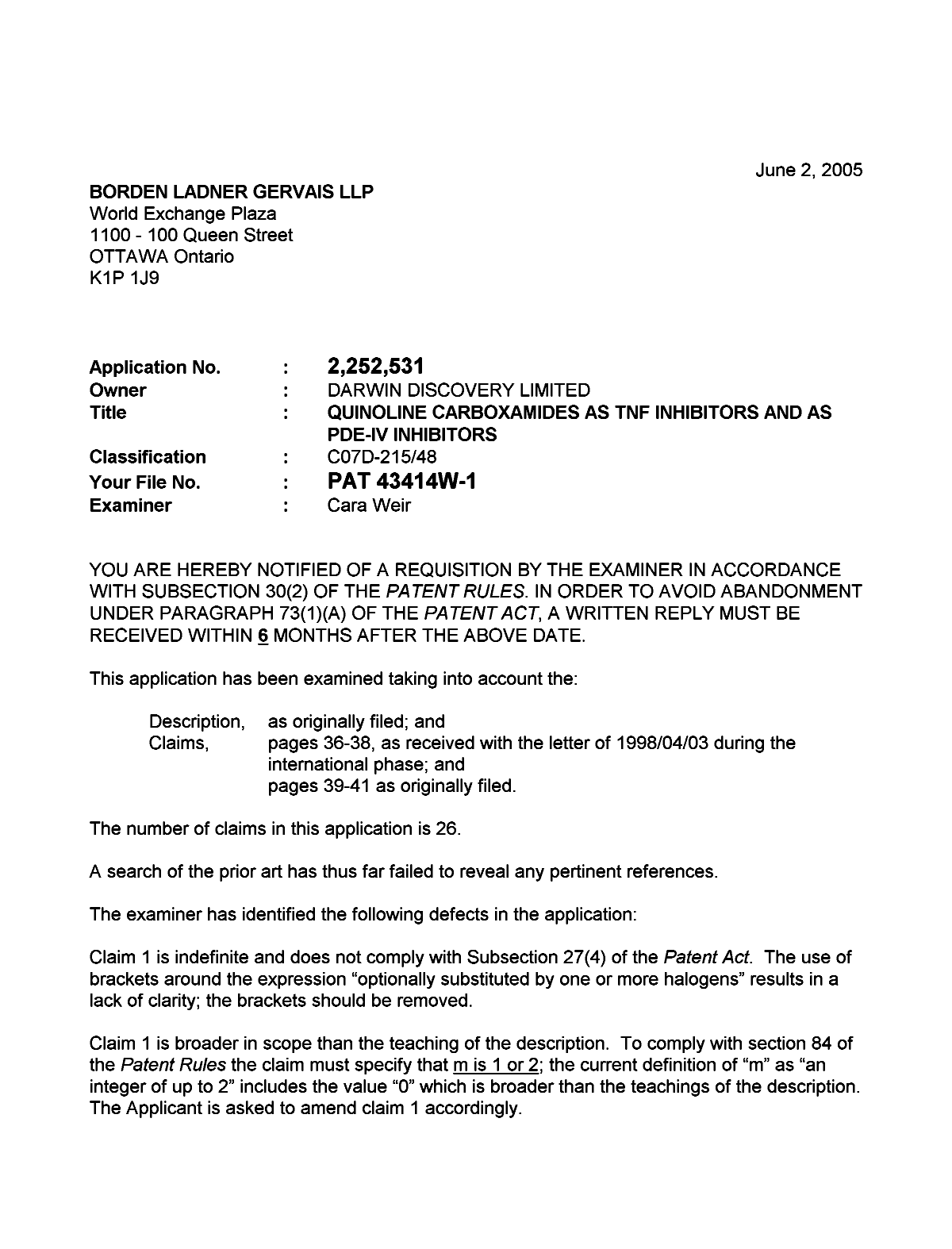 Canadian Patent Document 2252531. Prosecution-Amendment 20050602. Image 1 of 3