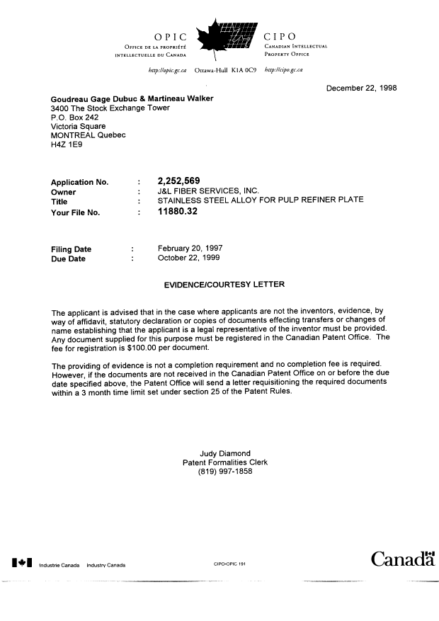 Document de brevet canadien 2252569. Correspondance 19981221. Image 1 de 1