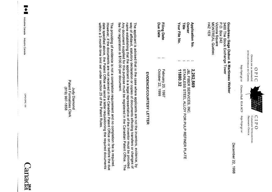 Canadian Patent Document 2252569. Correspondence 19981221. Image 1 of 1