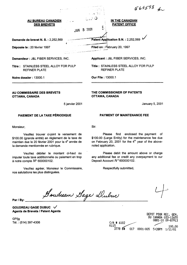 Canadian Patent Document 2252569. Fees 20010105. Image 1 of 1