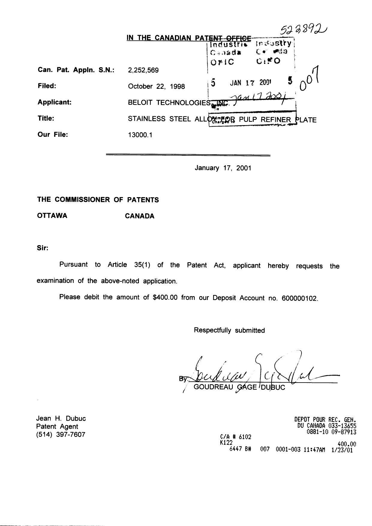 Canadian Patent Document 2252569. Prosecution-Amendment 20010117. Image 1 of 1