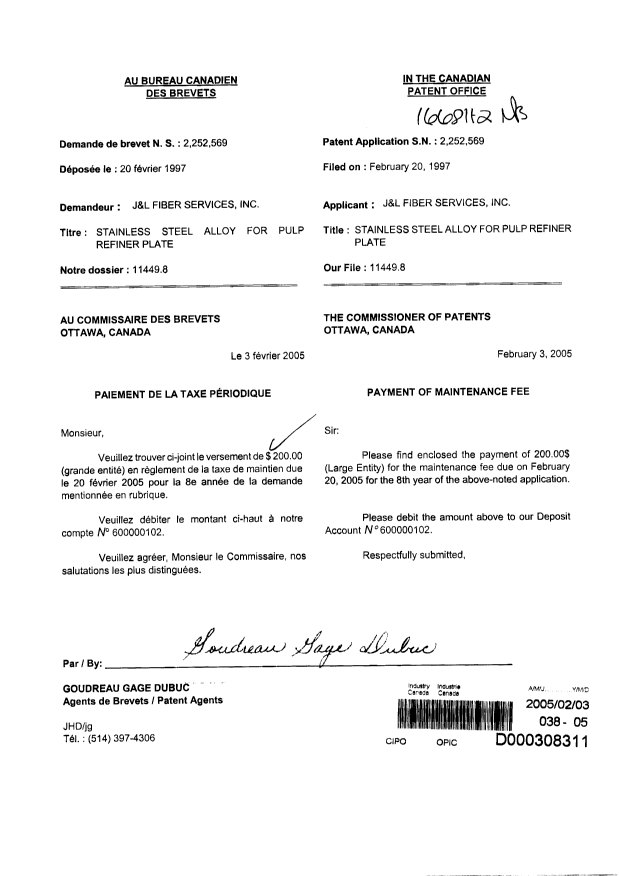 Document de brevet canadien 2252569. Taxes 20050203. Image 1 de 1